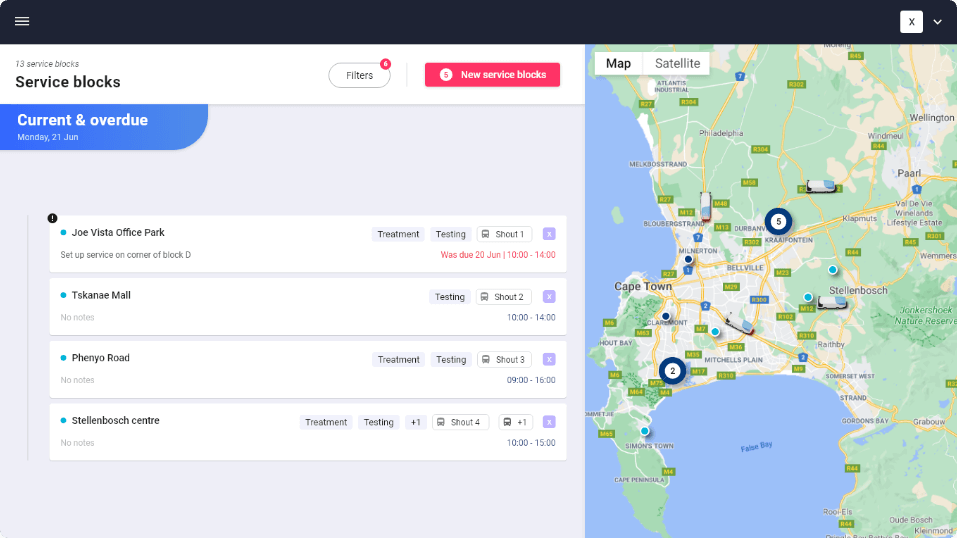 List of service blocks with map